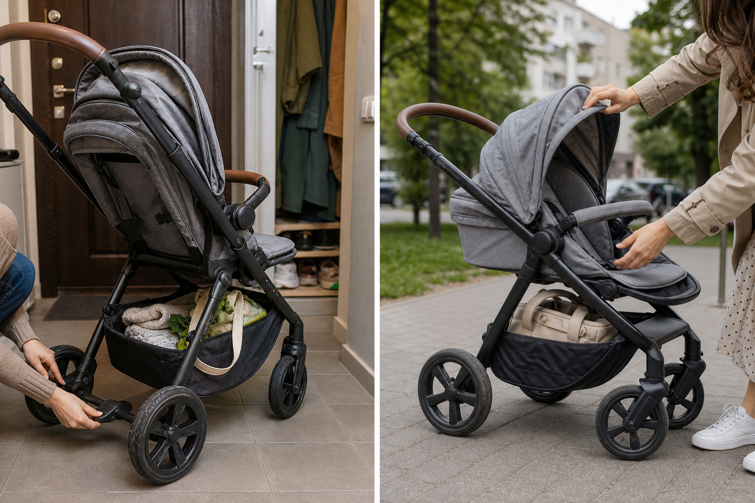 Родитель проверяет детскую коляску перед прогулкой